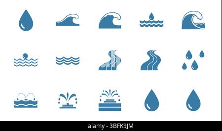 Clean Linear Water Icons Set – Outline Vector Collection von Aqua, Tropfen, Wellen, Sanitär, Reinigung, Konservierung und flüssige Elemente für UI Stock Vektor