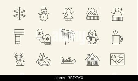 Minimales lineares Winter-Symbol-Set – Outline Style Vektor-Sammlung von kaltem Wetter, Schnee, Feiertag und saisonalen Elementen für UI, Infografiken und Web Stock Vektor