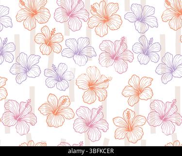 Nahtloses tropisches Muster mit Hibiskusblüten in Pastellrosa, Orange und Lavendel. Elegantes Blumendesign auf weißem Hintergrund, perfekt für Stoff Stock Vektor