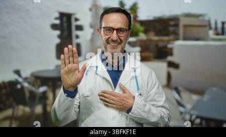 Ein älterer Arzt in Brille schwört in einer urbanen Outdoor-Umgebung, trägt einen weißen Mantel und Stethoskop und drückt Ehrlichkeit und Vertrauen in eine städtische Par aus Stockfoto