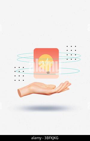 Vorlagenskizze Trendgrafik 3D-Fotocollage von Logik-Puzzle-Herausforderung Lösung denken Hand halten Idee Glühlampe kreatives Brainstorming Stockfoto