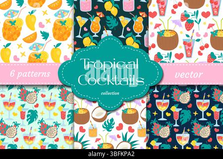 Niedliches tropisches Set mit fruchtigen Cocktails, Herzen und Sommer-Vibes nahtloses Vektormuster und Poster perfekt für Verpackung, Dekoration und druckbare Party Stock Vektor