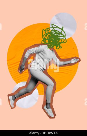 3D-Fotocollage Vorlage Trend-Artwork Skizze von Copyspace junge Frau Körper Lauf Ziel Chaos Linie Kritzelkopf Überladung intelligent Stockfoto