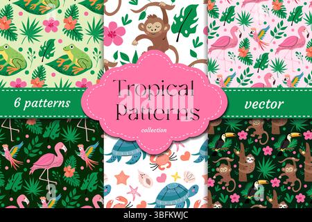 Sommergetränke mit Früchten, Eis und tropischem Flair nahtloses Muster und Poster für Sommerdesign, Verpackung, Wandkunst, digitale Einrichtung und Druckmöglichkeit Stock Vektor