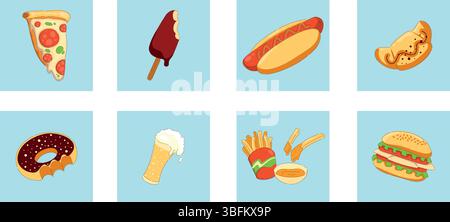 Delicious Food Icons mit Pizza, Eis, Burgern und vielen weiteren kulinarischen Köstlichkeiten Stock Vektor