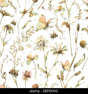 Elegantes, nahtloses Muster aus handbemalten Wiesenblumen und Kräutern in sanften Aquarelltönen. Ideal für Verpackungen, Tapeten, Stoffdesign und sanft Stockfoto
