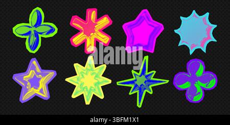 Y2K 3d Punk Neonfarben Hell Chrom Halbtonsterne Form Retro abstrakte Vektor Illustration Sticker Set. Stock Vektor