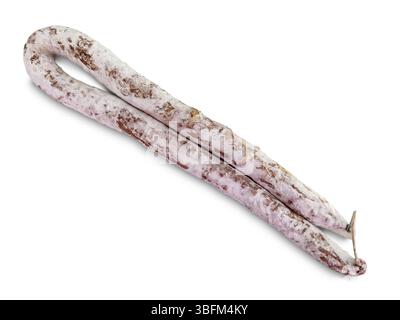 Gekrümmte Trockenwurst-Salami isoliert auf weiß mit Schneidepfad im Lieferumfang enthalten Stockfoto
