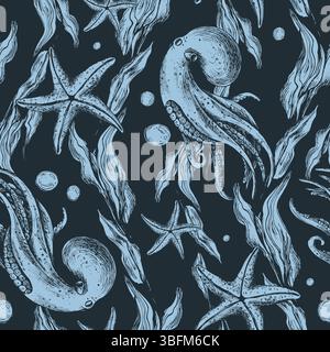 Unterwasserwelt-Clipart mit Meerestieren, Tintenfischen, Seesternen, Blasen und Algen. Grafische Abbildung, handgezeichnet mit blauer Tinte. Nahtloses Muster auf einem Stock Vektor