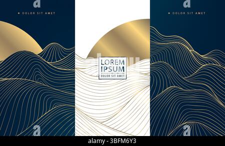 Vektorset japanische Kunstmuster, Linienwellen und Sonne, abstrakte Berggrafik. Minimalistisches Meer, Meer, Landschaft Horizont Sonnenuntergang. Stock Vektor