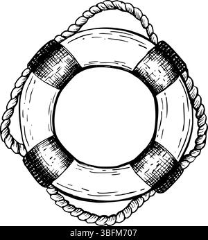 Rettungsschwimmer, Lebensretter mit Seil. Handgezeichneter Rettungsring im Umrissstil. Vektorabbildung in Schwarzweiß-Skizzenstil. Skizzieren Sie im Linienstil Stock Vektor
