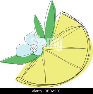 Heller Vektor von Zitronenkeil mit grünen Blättern und einer weichen weißen Blume, ideal für Zitrus- oder Sommer-Visuals. Stock Vektor