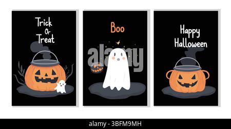 Set aus dunklen Halloween-Karten mit niedlichen Geistern und Windlichtern, mit Buh, Happy Halloween und Trick or Treat-Texten. Stock Vektor