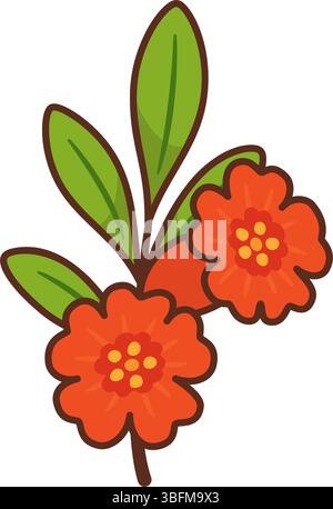 Granatapfelzweig mit hellroter Blume. Handgezeichneter flacher Stil mit auffälligen Linien. Für Lebensmittelverpackungen, gesunde Lebensmittel, Bio-Branding, Ernährungsblogs, Etiketten, saisonale Designs, Grußkarten Stock Vektor
