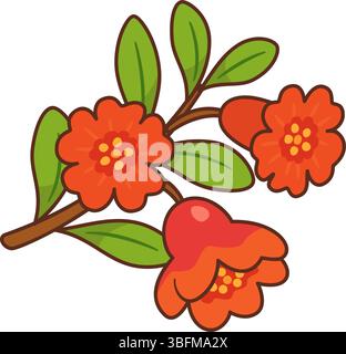 Granatapfelzweig mit hellroter Blume. Handgezeichneter flacher Stil mit auffälligen Linien. Für Lebensmittelverpackungen, gesunde Lebensmittel, Bio-Branding, Ernährungsblogs, Etiketten, saisonale Designs, Grußkarten Stock Vektor