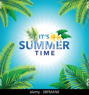 Hallo Sommer Illustration mit Typografie Buchstaben und tropischen Blättern auf sonnenblauem Hintergrund Stock Vektor