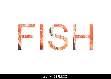 FISCHTEXT mit Lachsstruktur auf weißem Hintergrund, kreative Typografie mit rotem Fischbild Stockfoto
