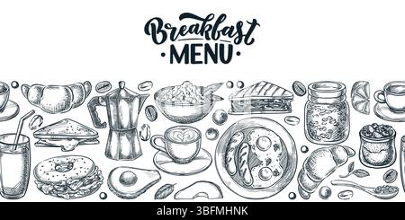 Frühstück horizontaler, nahtloser Hintergrund. Vektor Hand gezeichnete Skizze Illustration der Morgenmahlzeit. Café- oder Restaurantmenü, Banner, Poster, Textil-Prin Stock Vektor