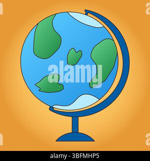 Karikatur-flacher Vektor illustrierte Kugel auf orangem Hintergrund, die stilisierte Kontinente und Ozean zeigt. Geografie-Lektion. Für das Thema Back-to-School, Educatio Stock Vektor