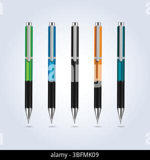 Kugelschreiber in verschiedenen Farben, Schreibstift mit abstraktem Hintergrund Stock Vektor