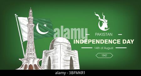 Mazar-e-Quaid mit Flagge in der Landschaft, pakistanischer Unabhängigkeitstag, Social-Media-Banner mit Markhor Stock Vektor