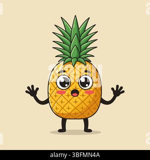 Eine flache Vektor-Cartoon-Ananasfigur mit großen Augen und Händen Stock Vektor