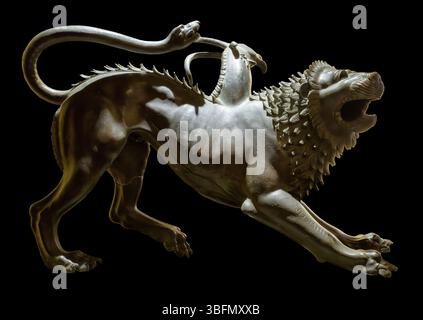 Etruskische Bronzeskulptur „Chimera of Arezzo“, mythologisches Tier mit Löwenkörper, Ziegenkopf und Schlangenschwanz, 5.-4. Jahrhundert v. Chr., Florenz, Italien. Stockfoto