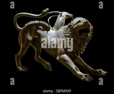 Etruskische Bronzeskulptur „Chimera of Arezzo“, mythologisches Tier mit Löwenkörper, Ziegenkopf und Schlangenschwanz, 5.-4. Jahrhundert v. Chr., Florenz, Italien. Stockfoto