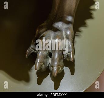 Detail der etruskischen Bronzeskulptur „Chimera of Arezzo“, mythologisches Tier mit Löwenkörper, Ziegenkopf und Schlangenschwanz, 5.-4. Jh. v. Chr., Florenz, Stockfoto