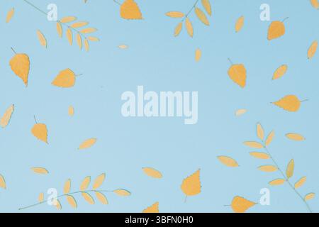Der herbstliche Herbst hinterlässt abstrakt auf Blau. Flache Lage, Draufsicht Stockfoto