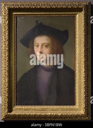 Öl-auf-Tafelporträt von Pietro Carnesecchi, gemalt um 1527 von Domenico Puligo. Junger Mann mit rotem Haar, der eine Tricornmütze und dunkles Zimarra trägt. Stockfoto
