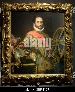Porträt von Francesco Maria II della Rovere in zeremonieller Rüstung mit Helm und Schlagstock von Federico Barocci, ca. 1572, Uffizien Galerie, Florenz, Italien. Stockfoto