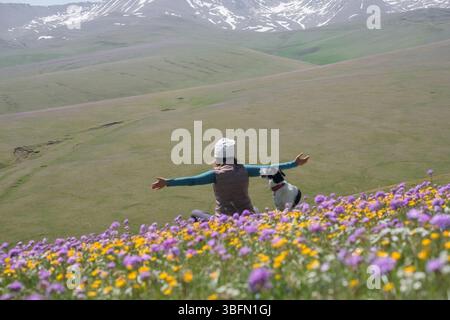 Glückliche Frau mit Hund, die auf einem Blumenfeld vor dem Hintergrund schneebedeckter Berge sitzt, Rückansicht. ASY Turgen Plateau in Almaty Region von Ka Stockfoto