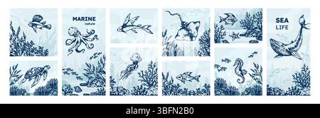 Meerestiere. Tintenfisch-Zeichnung, Wal-Logo, Vintage-Muscheln oder gravierte Fische, Meeresseepferdchen. Sommerbiologie, Unterwasserkrabben und Schildkröten. Karte oder Poster. Vektor-handgezeichnete isolierte Illustration Stock Vektor