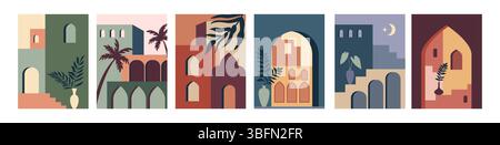 Marokkanische Architektur. Abstrakte marokkanische Landschaft, tropische Boho oder minimalistischer geometrischer Bogen, moderne Gebäude, Stilrahmen mit Wüste. Minimalistischer, flacher, isolierter Hintergrund. Vektordruck Stock Vektor