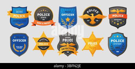 Schild. Rechtsabteilung Patch. Sheriff Star oder Wappen Emblem. Uniformsiegel für Regierungsbeamte. Polizeibeamtenabzeichen. Justizbehörde. Sicherheitspatrouille-Logo. Detective Agent. Vektorsymbole festgelegt Stock Vektor