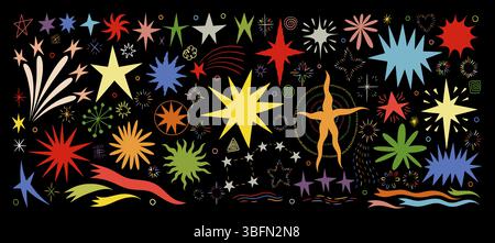 Buntstiftstern. Zeichnen Sie mit der Hand Funken, Pastellfarben auf die Tafel oder Kid Doodle funkelt. Magische Tafel glänzen. Bunte Silhouette handgezeichnet kindisch isolierte dekorative Elemente. Vektorabbildung Stock Vektor