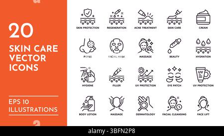 Skin-Symbole. Kosmetik im Gesicht. Gesichts- oder Aknebehandlungspaket. Frauenernährung oder medizinische Erholung. LSF Feuchtigkeitscreme. UV-Sonnenschutz. Hubverfahren. Vektorliniensymbole festgelegt Stock Vektor