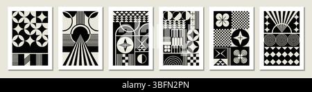 Abstraktes Muster. Poster in Designform, schwarzes, modernes Retro-Kunstdruckpapier. Kreatives Business-Layout mit Ornament. Minimale Postersammlung. Geometrische Formen bedruckt, Notizbuchhülle. Vektorhintergrund festgelegt Stock Vektor