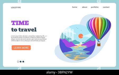 Heißluftballon. Landingpage Reisezeit. Abenteuerreise. Naturlandschaft. Website-Design-Vorlage. Lufttransport. Fahrt mit dem Sky Vehicle. Ballonflug. Sommertourismus. Vektorhintergrund Stock Vektor