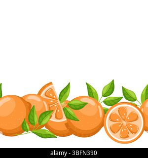 Flache Hand gezeichnete nahtlose Vektorgrenze mit Orangen, einschließlich ganze Früchte, Hälften und grüne Blätter. Helles Zitrusdesign auf weißem Hintergrund, gemäß Stock Vektor