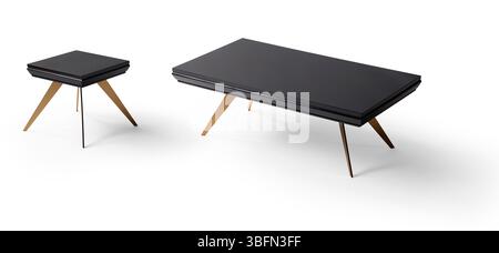 Moderner Couchtisch isoliert auf weißem Hintergrund. Schwarze Farbe und goldenes Bein. Stockfoto