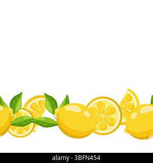 Flache Hand gezeichnete nahtlose Vektorgrenze mit Zitronen, einschließlich ganze Früchte, Hälften und grüne Blätter. Helles Zitrusdesign auf weißem Hintergrund, Perf Stock Vektor