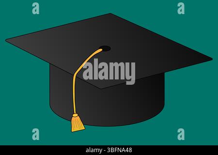 Graduierungskappe mit goldener Quaste auf grünem Hintergrund. Akademische Mortarboard Cartoon Vektor Illustration. Für das Back-to-School-Schreibwarenkonzept, Educat Stock Vektor