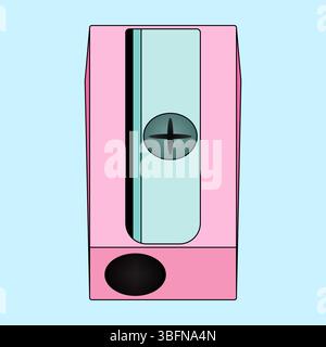 Zeichentrickvektor Illustration Bleistiftspitzer in rosa und blau auf hellblauem Hintergrund. Für das Back-to-School-Schreibwarenkonzept, Bildungs-Visual, Educa Stock Vektor