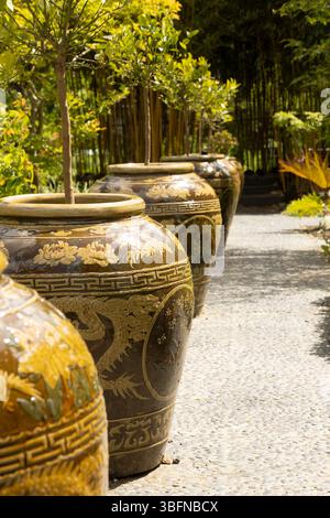 Leiden, Niederlande - 25. Mai 2025: Chinesischer Garten mit hübsch verzierten Töpfen mit Zitrusbäumen im Hortus Botanicus Leiden in Süd-Holland in Stockfoto