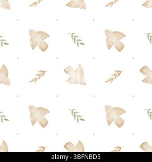 Aquarell Baby Muster Vogel fliegen, Blätter, Zweige, Pastell beige grüne Farbe. Handgezeichnete Illustration stilisiert auf transparentem Hintergrund. Nahtlos Stockfoto