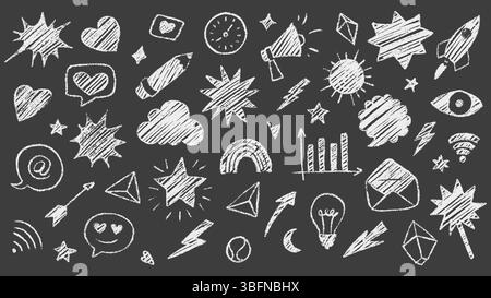 Eine Sammlung von Kreide skizzierten Kritzeleien von Symbolen und Symbolen schafft ein lebendiges visuelles Thema. Diese handgezeichneten Designs umfassen Sterne, Wolken und Glühbirnen Stock Vektor