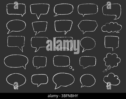 Sprechblasen mit weißer Kreide in verschiedenen Formen. Dies sind kreativ handgezeichnete Bleistifte oder Buntstifte auf einer Tafel. Designs mit einzigartigem Express Stock Vektor