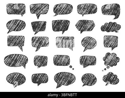 Sprechblasen mit Holzkohleeffekt in einzigartigem handgezeichnetem Stil. Enthält verschiedene Sprach- und Gedankenformen. Ideal für kreative und pädagogische Zwecke Stock Vektor